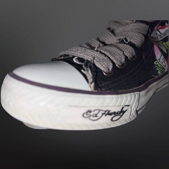 Rare Kids Black Ed Hardy “Love Is” Skull Aces Canvas High Top Sneakers Size 1 - Picture 4 of 12
